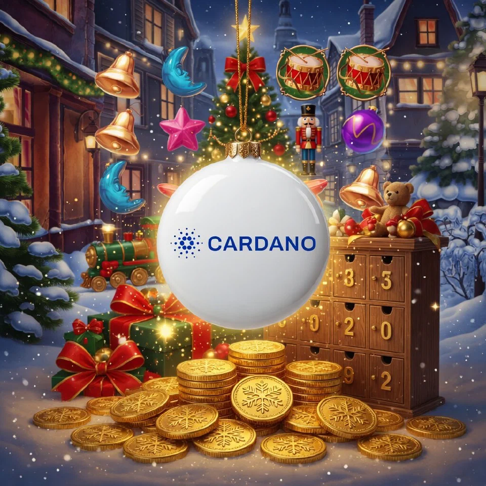 Cardano logo on a Christmas scene with gold coins in front of an advent calendar