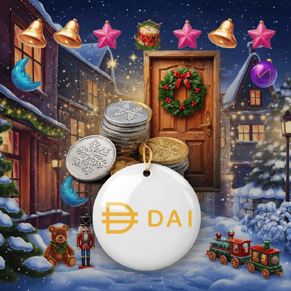 Dai logo on a Christmas scene with silver and gold coins by a door with a holly wreath