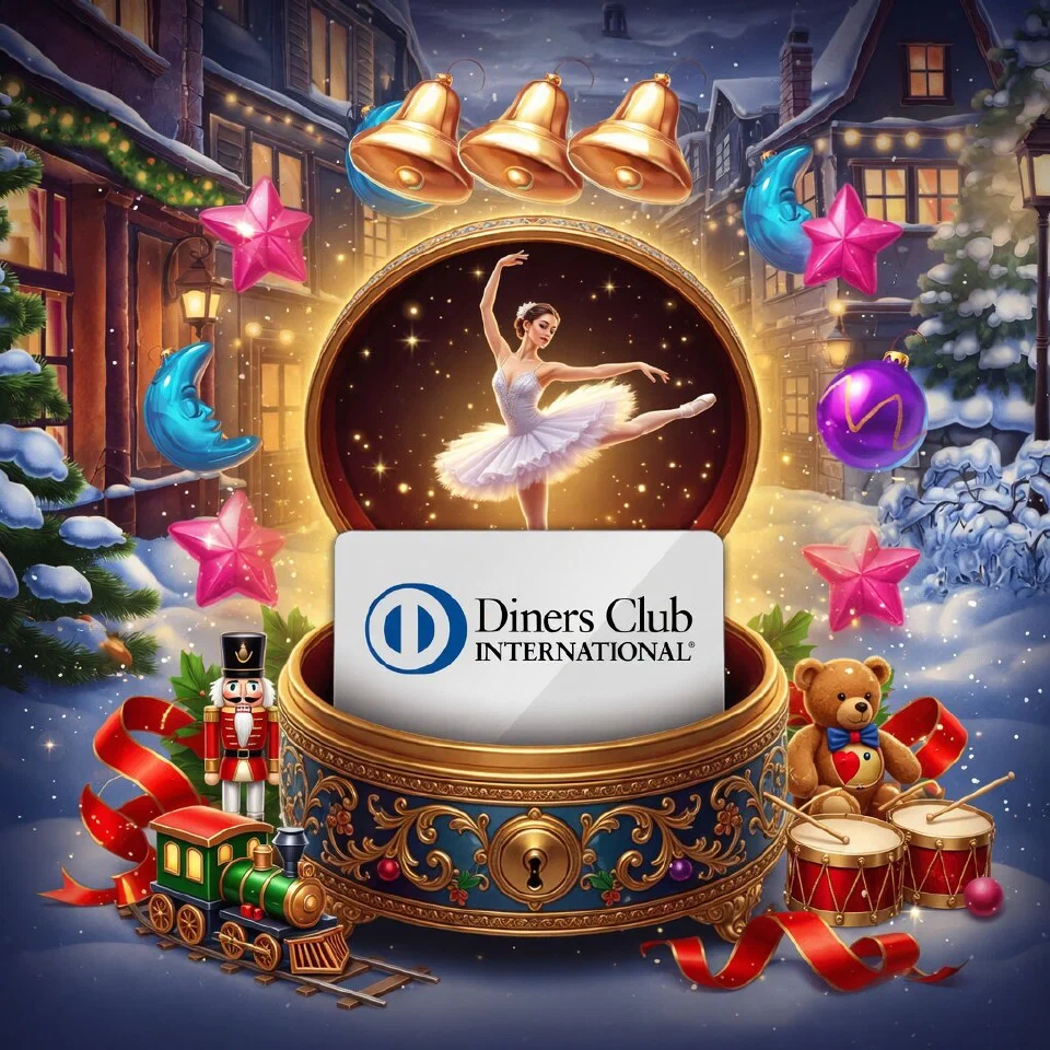 Diners Club logo on a Christmas scene with an open music box with a dancing figure and a blank card