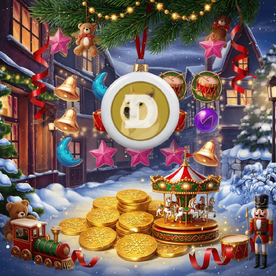 Dogecoin logo on a Christmas scene with gold coins beside a small Christmas carousel
