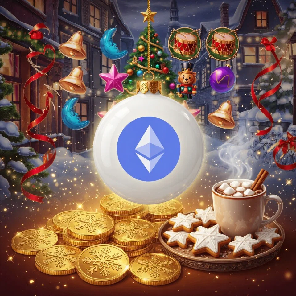 Ethereum logo on a Christmas scene with gold coins with star-shaped cookies and a mug of cocoa