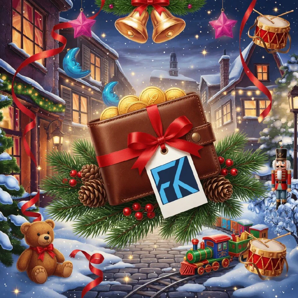 FKwallet logo on a Christmas scene with a wallet on a pine branch with pinecones and red berries