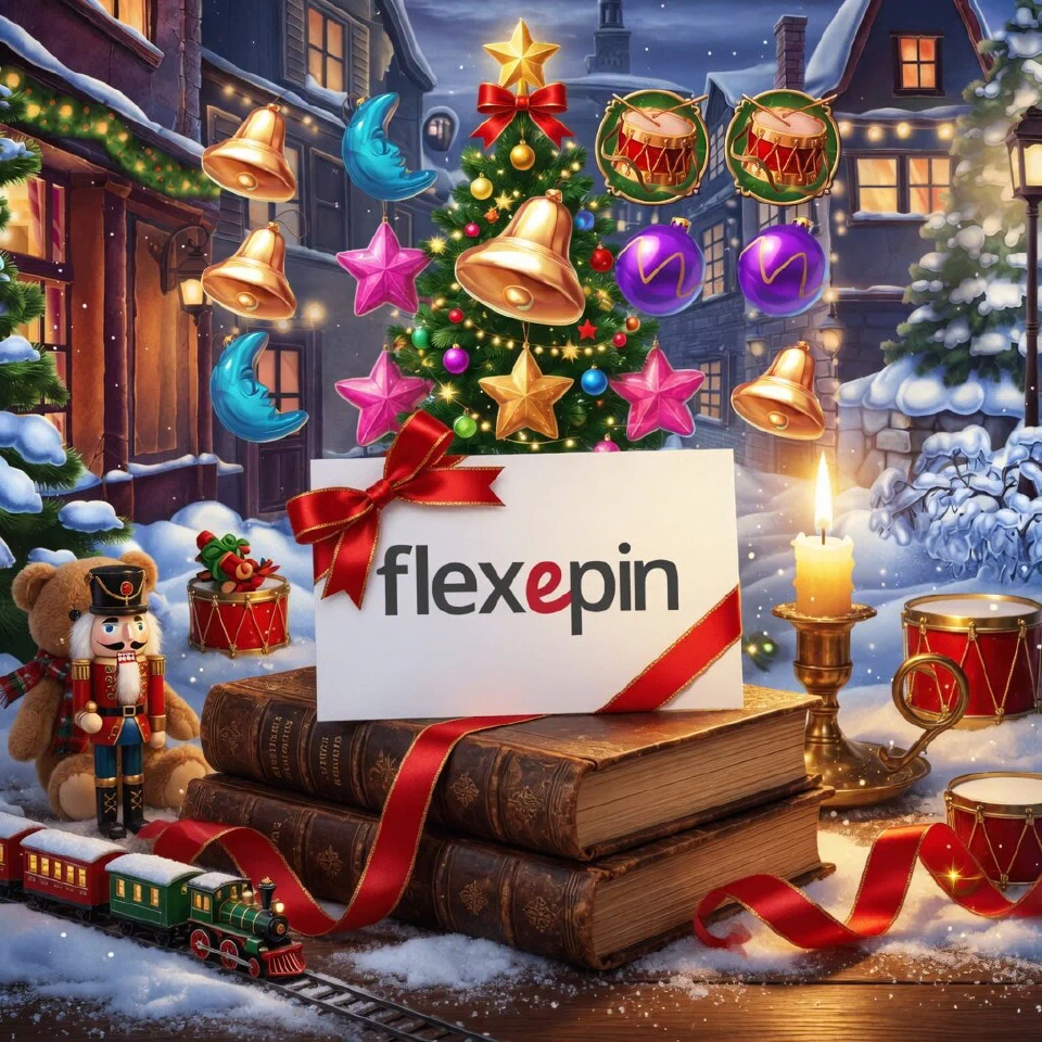 Flexepin logo on a Christmas scene with a voucher tied with a red ribbon on old books beside a candle