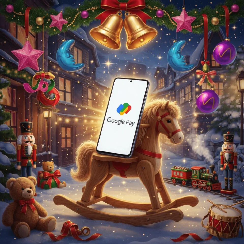 Google Pay logo on a Christmas scene with a smartphone resting on a toy rocking horse