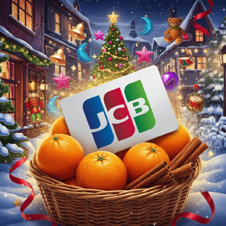 JCB logo on a Christmas scene with a blank card in a basket of oranges