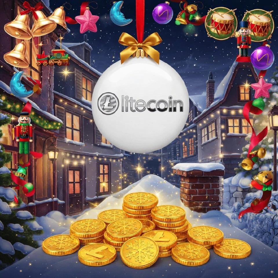 Litecoin logo on a Christmas scene with gold coins on a snowy rooftop by a chimney