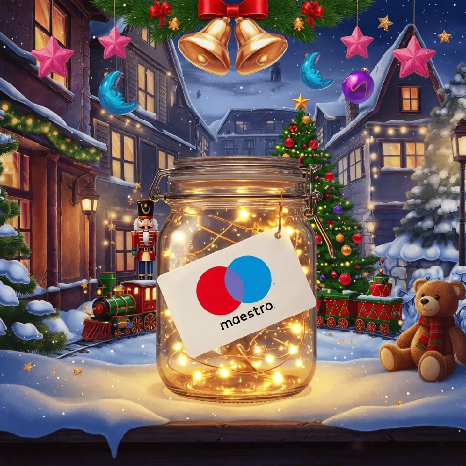 Maestro logo on a Christmas scene with a blank card inside a glass jar of fairy lights