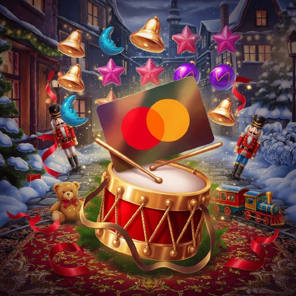 Mastercard logo on a Christmas scene with a blank card leaning on a toy drum on a festive rug