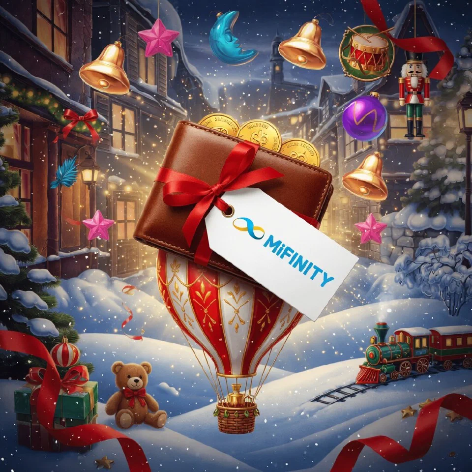 MiFinity logo on a Christmas scene with a wallet riding in a hot-air-balloon ornament