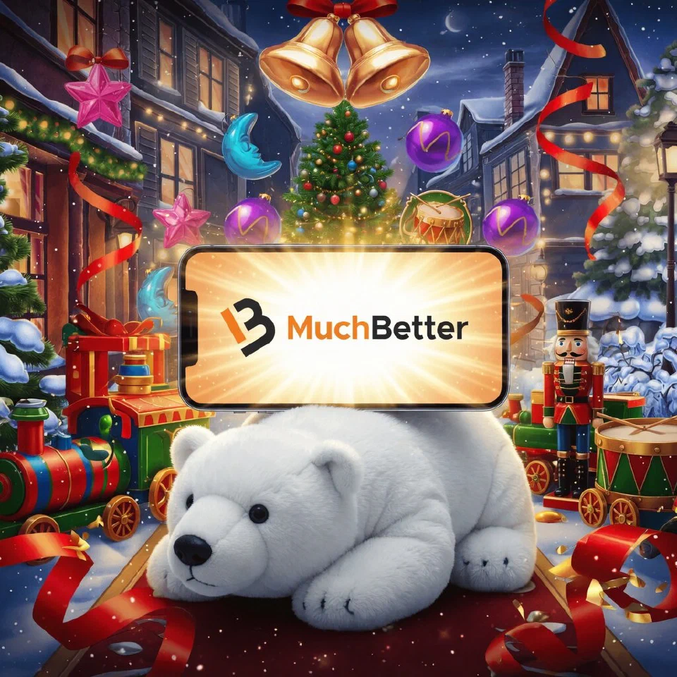 MuchBetter logo on a Christmas scene with a polar bear plush holding a smartphone