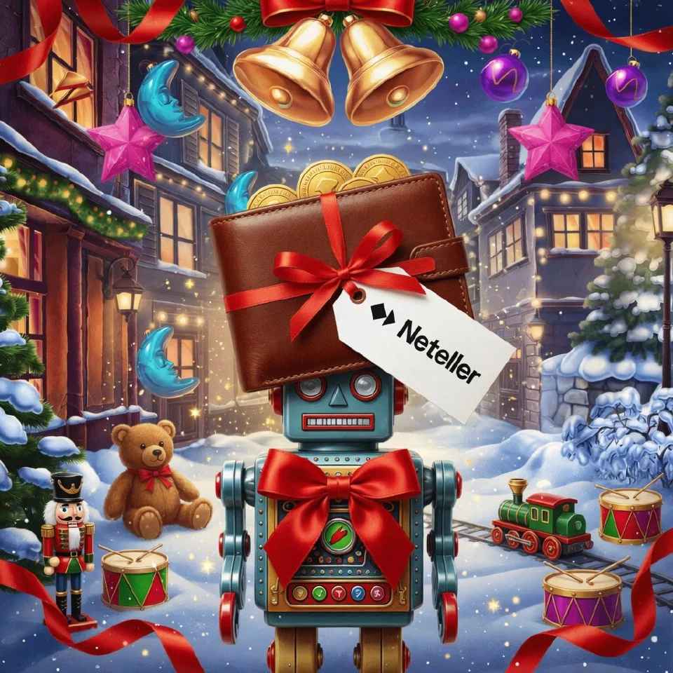 Neteller logo on a Christmas scene with a tin toy robot carrying a wallet