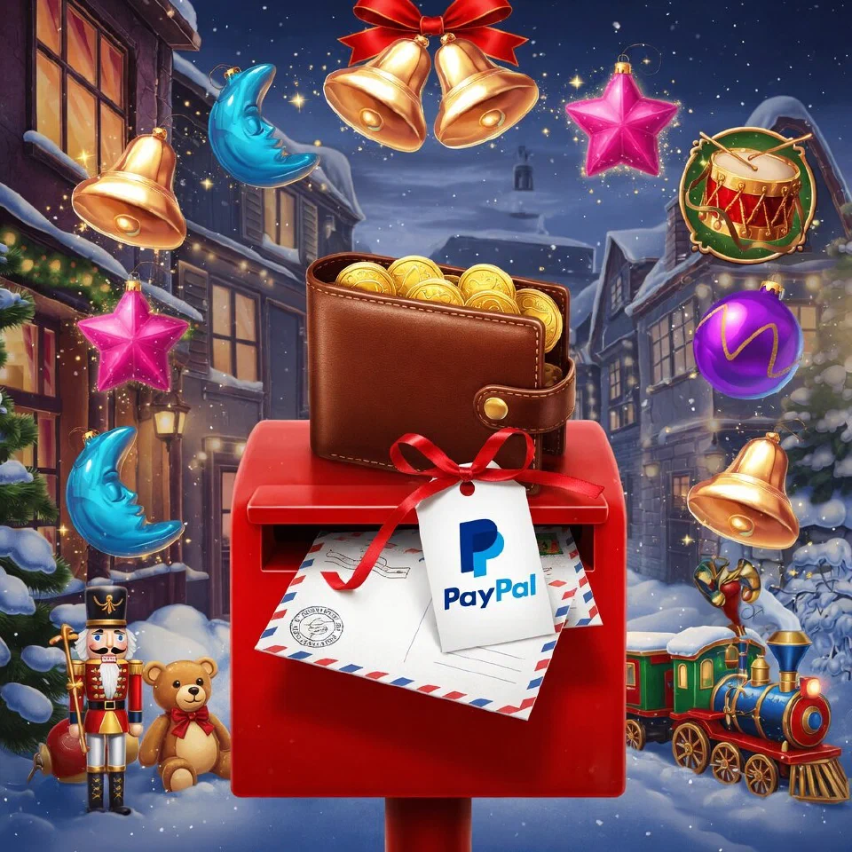 PayPal logo on a Christmas scene with a wallet in a red mailbox stuffed with letters