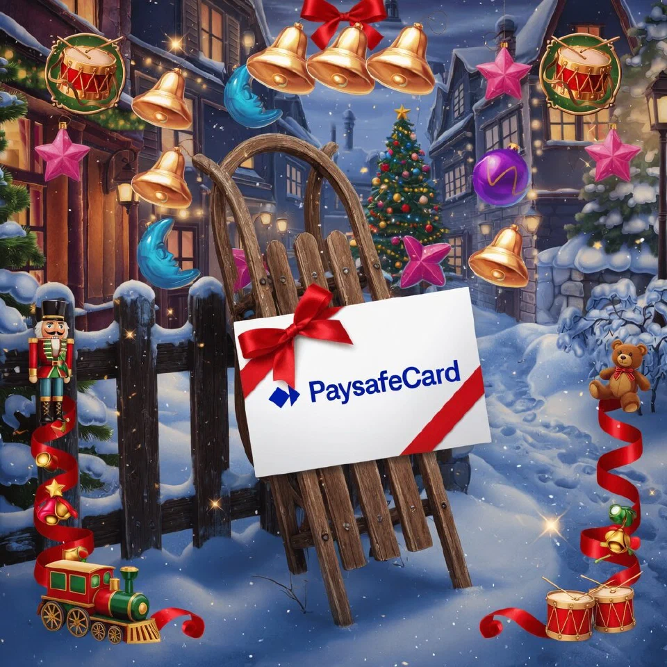 Paysafecard logo on a Christmas scene with a gift voucher with a red bow on a wooden sledge