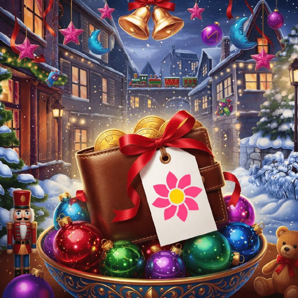 Piastrix logo on a Christmas scene with a wallet on a bowl of glass ornaments