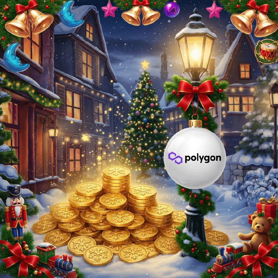 Polygon logo on a Christmas scene with gold coins under a frosted lamp post with a garland