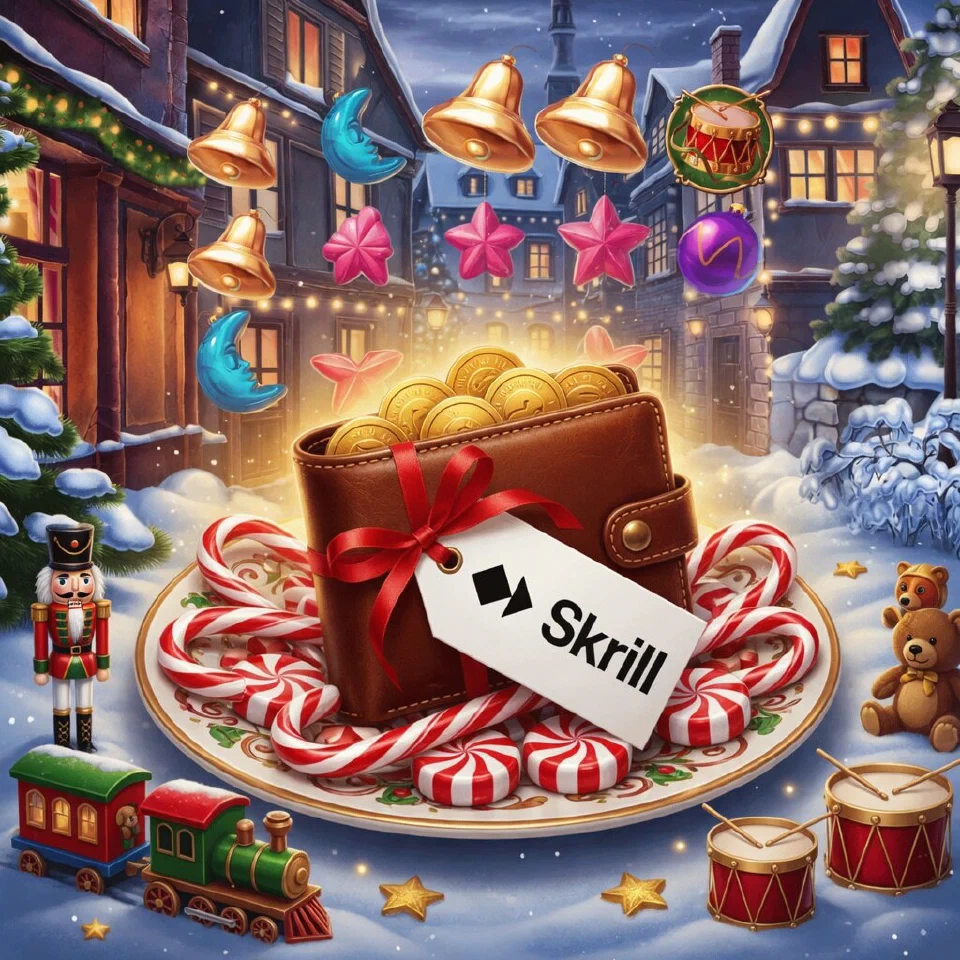 Skrill logo on a Christmas scene with a wallet on a plate of candy canes