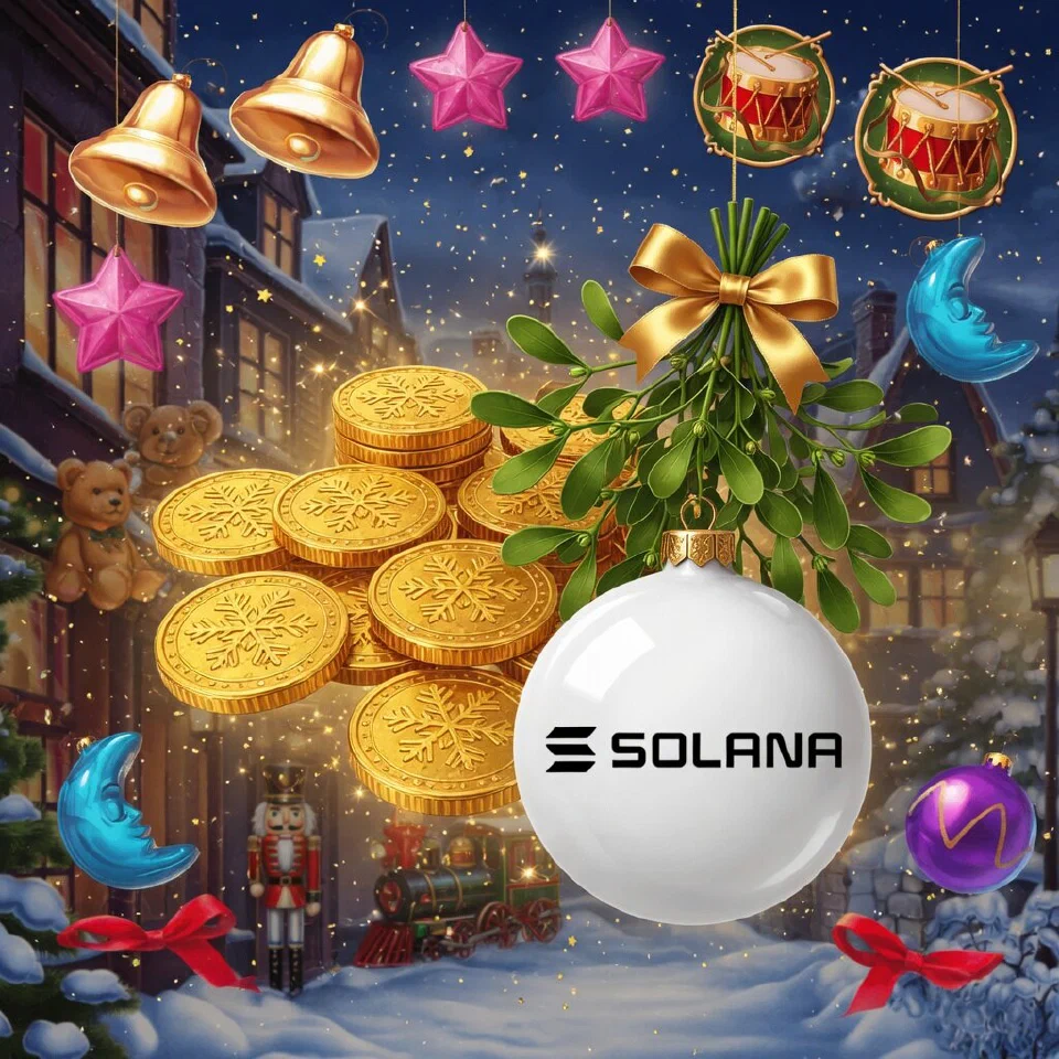 Solana logo on a Christmas scene with gold coins with a bunch of mistletoe