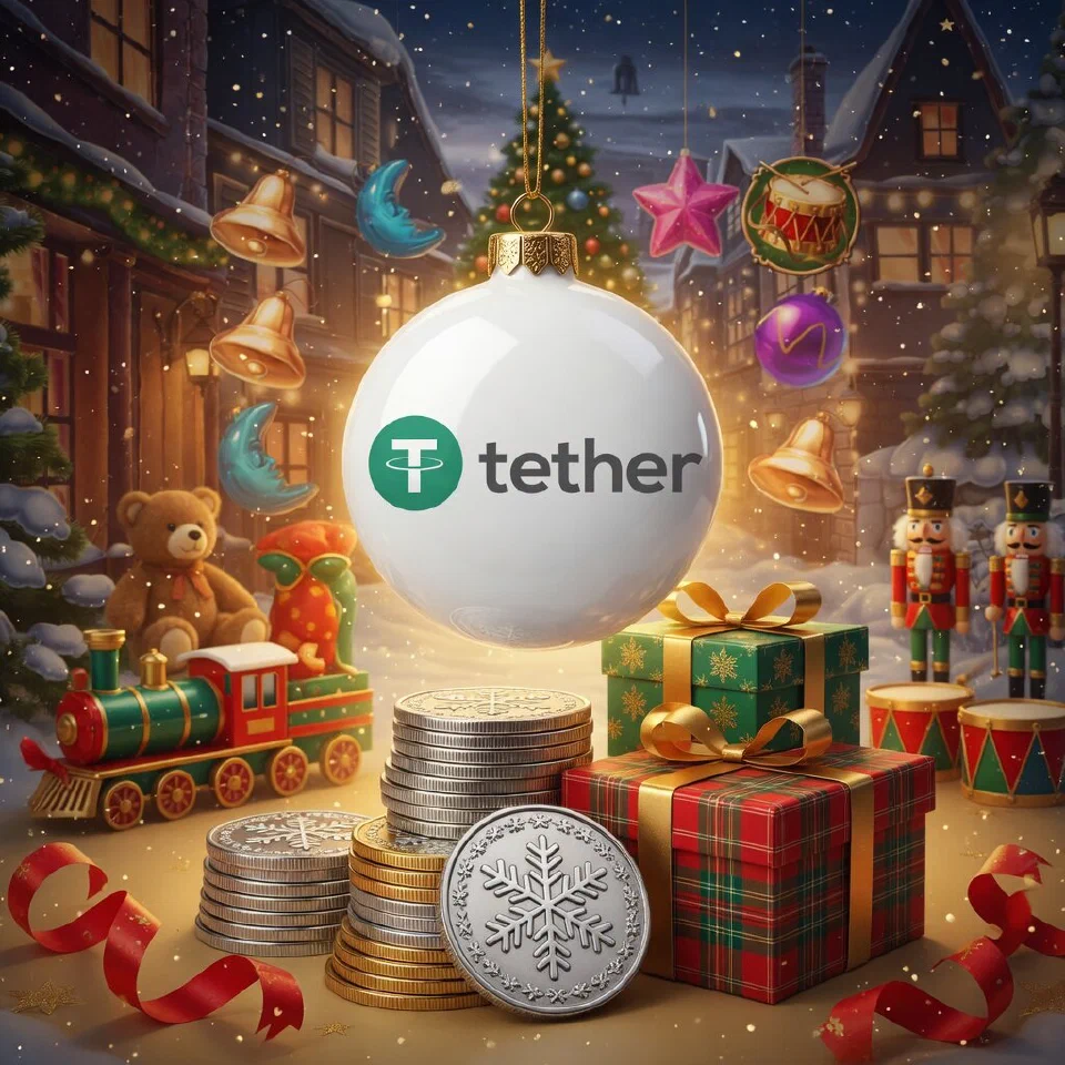 Tether logo on a Christmas scene with stacks of coins among presents in tartan paper