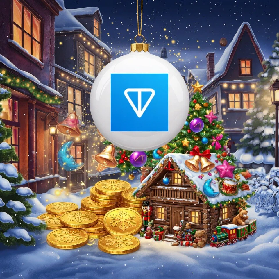 TON logo on a Christmas scene with gold coins in front of a snowy wooden cabin