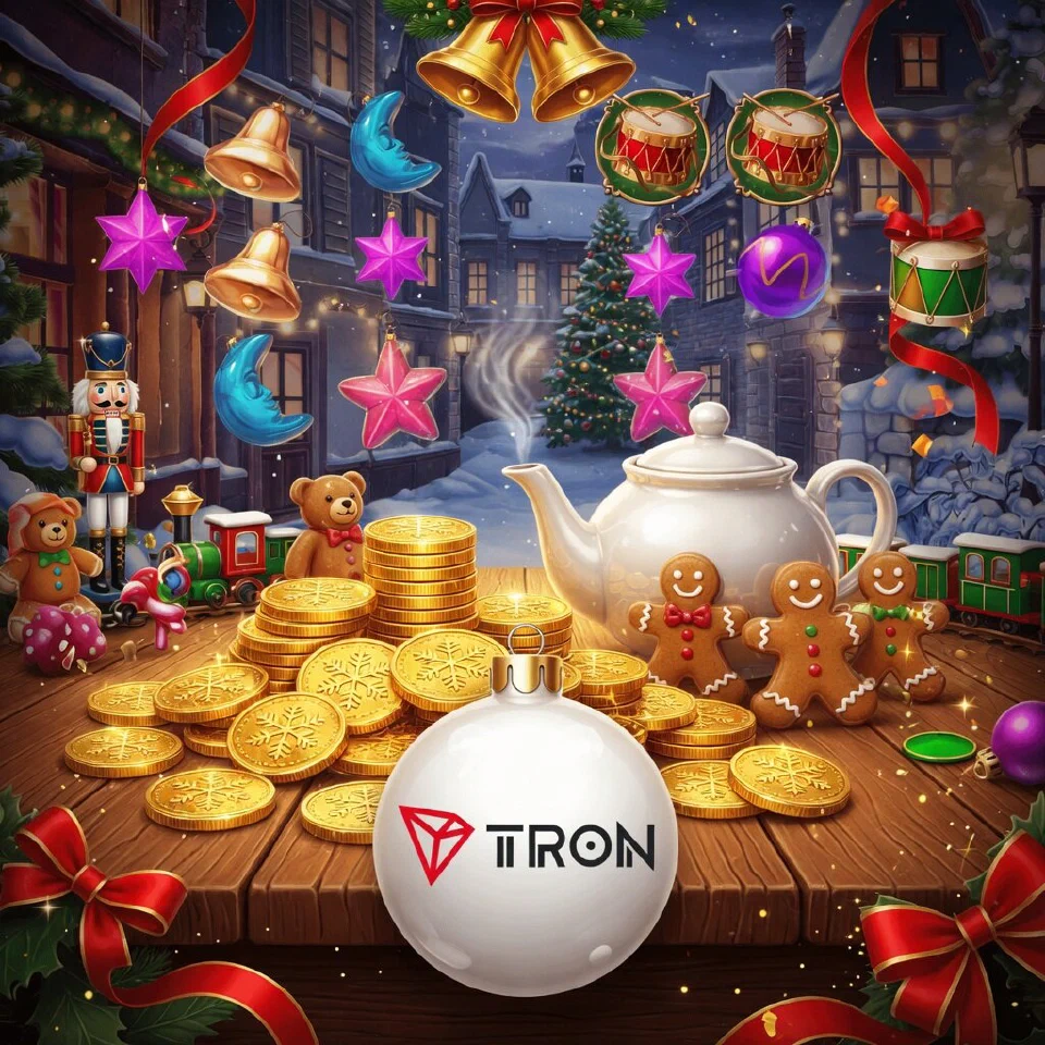Tron logo on a Christmas scene with gold coins beside a steaming teapot and gingerbread men