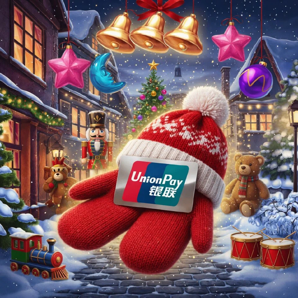 UnionPay logo on a Christmas scene with red knitted mittens holding a blank card