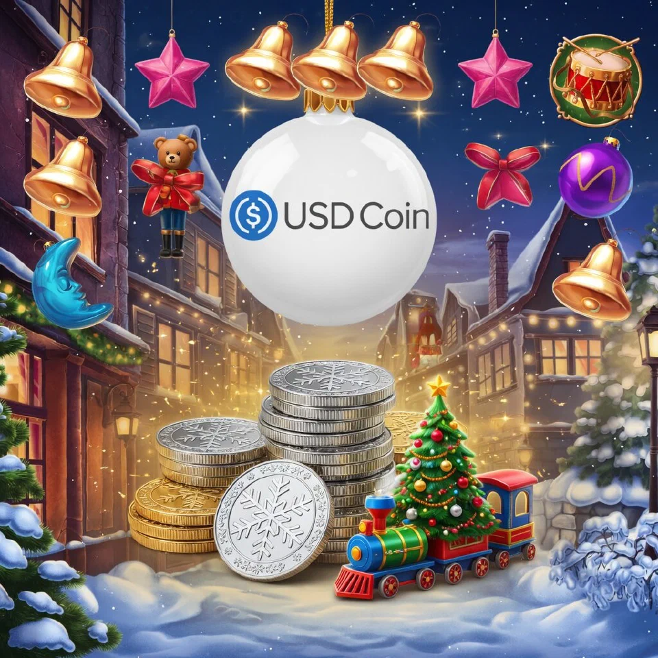 USD Coin logo on a Christmas scene with stacks of coins beside a toy train and a mini tree