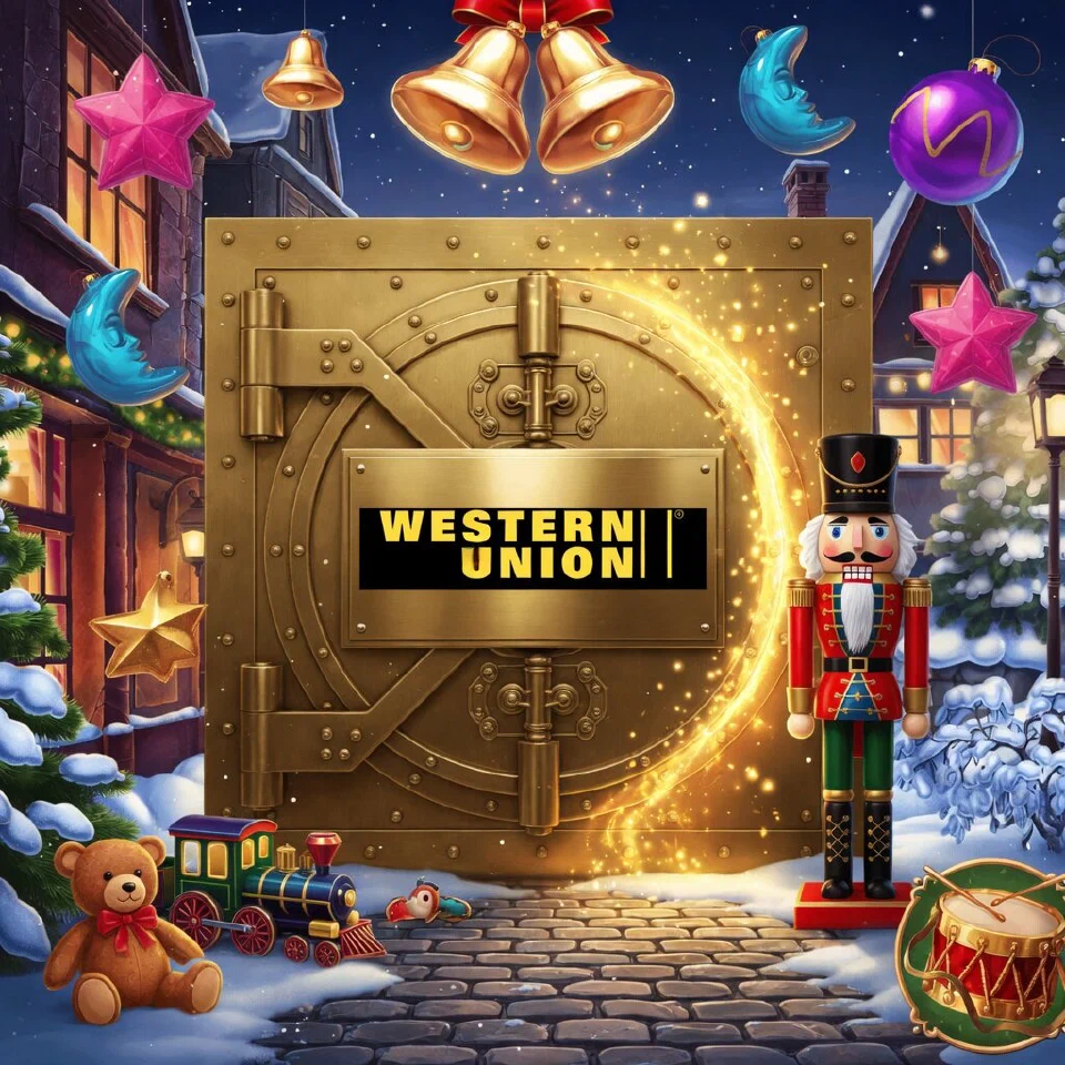 Western Union logo on a Christmas scene with a brass vault door guarded by a nutcracker
