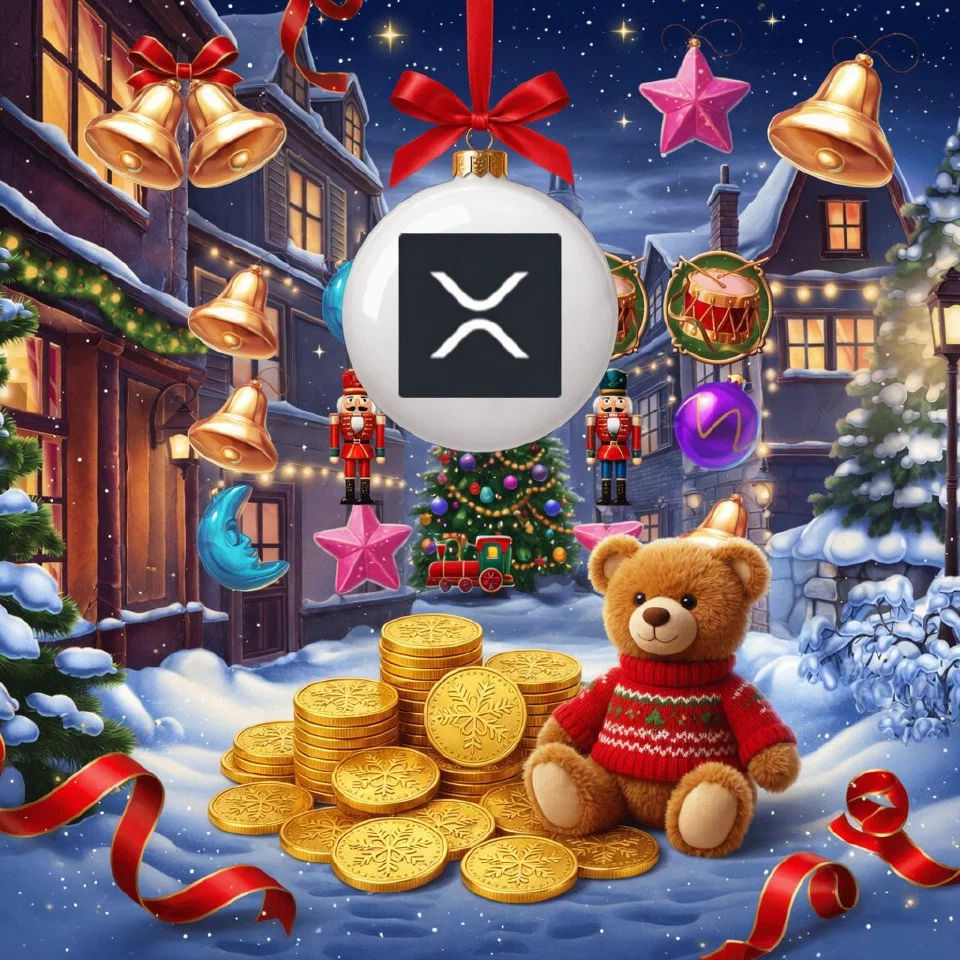 XRP logo on a Christmas scene with gold coins beside a teddy bear in a red sweater