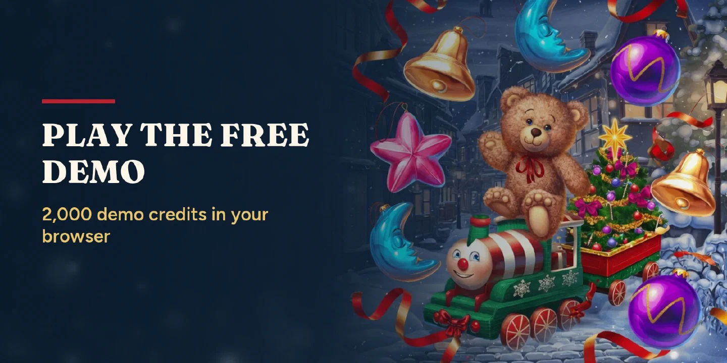 Play the free demo: a teddy bear riding a toy train with a tiny Christmas tree on its wagon