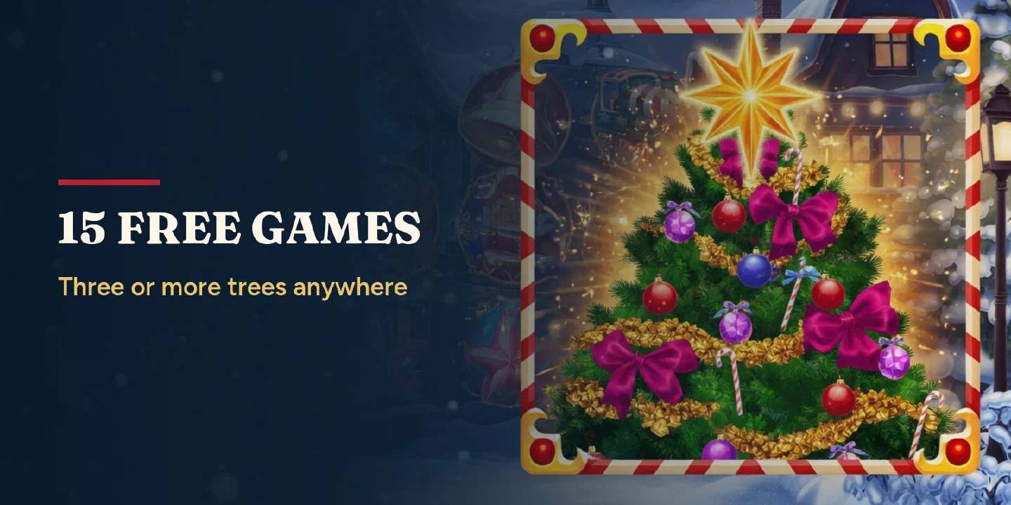 15 free games: a glowing Christmas tree in a candy-stripe frame