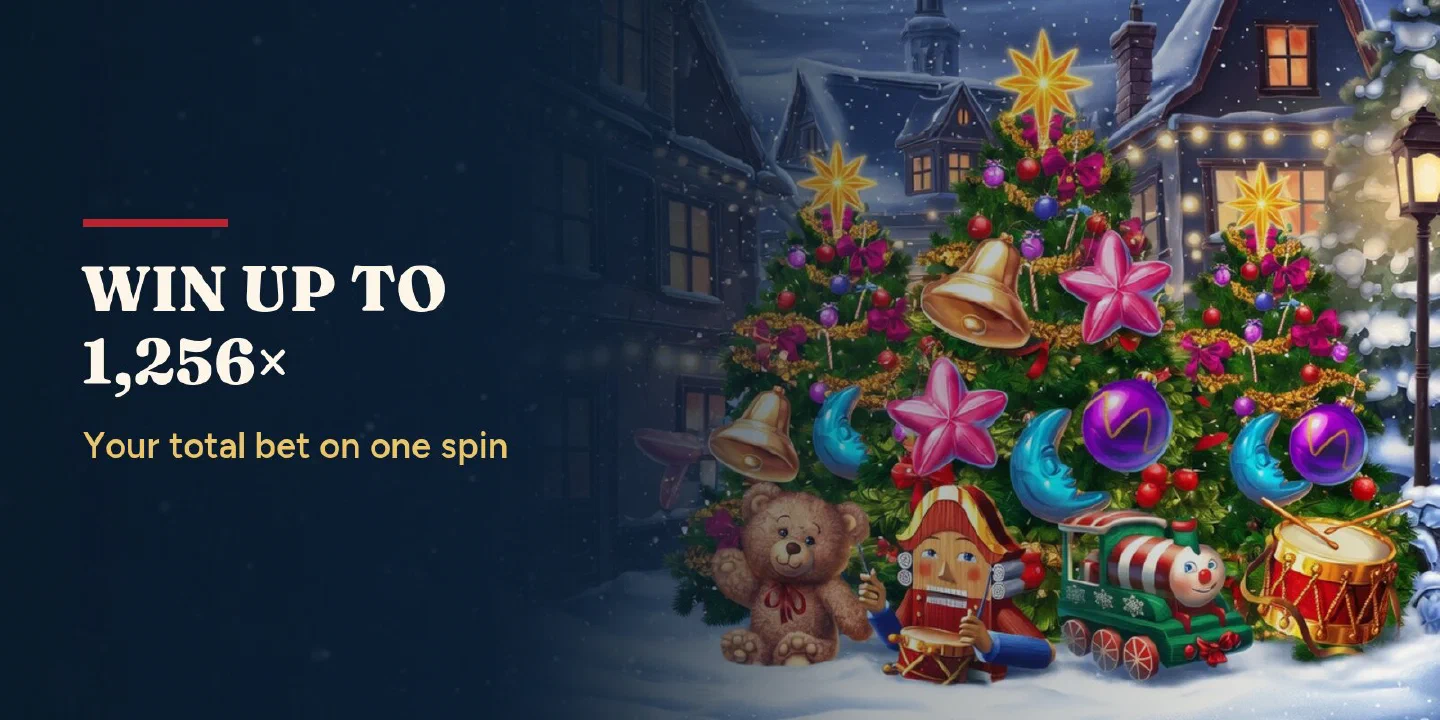 Win up to 1,256 times the total bet: three glowing Christmas trees on snowy ground