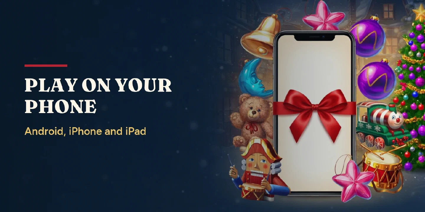 Play on your phone: a smartphone with a red ribbon among bells and baubles