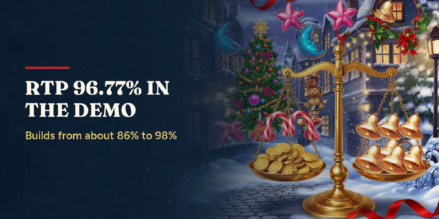 RTP 96.77% in the demo, builds from about 86% to 98%: a brass scale of bells and coins