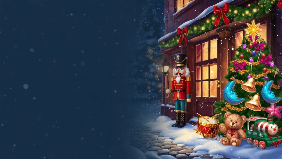 A lit shop front on a snowy street with garlands and a decorated tree by the door