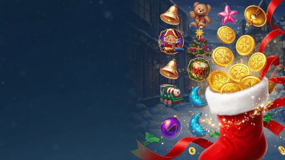 Gold coins with snowflake patterns tumbling from a red Christmas stocking
