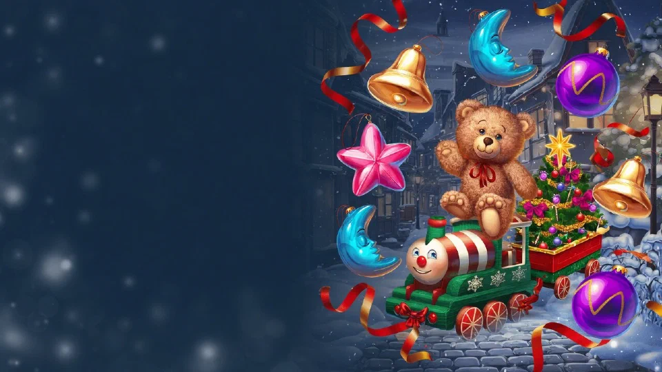 A teddy bear riding a toy train with a small decorated tree on its wagon
