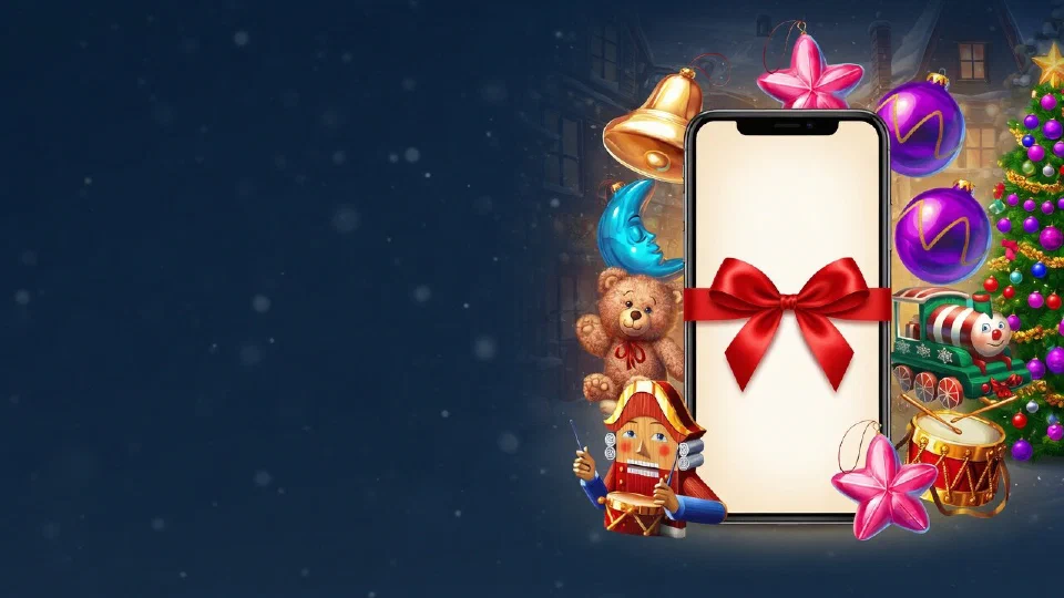 A smartphone with a blank glowing screen tied with a red ribbon, with bells and baubles around it