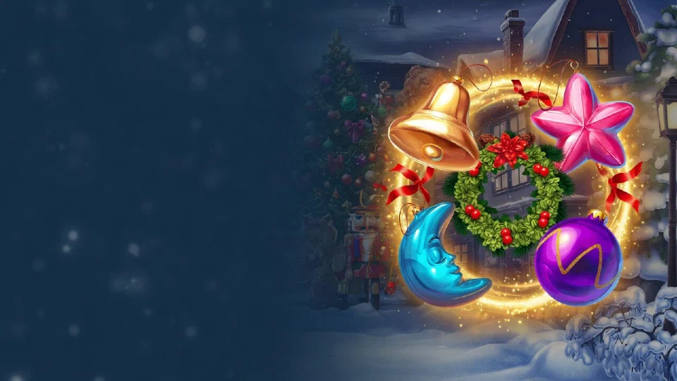 A gold bell, a pink star, a blue moon and a purple bauble floating around a glowing holly wreath