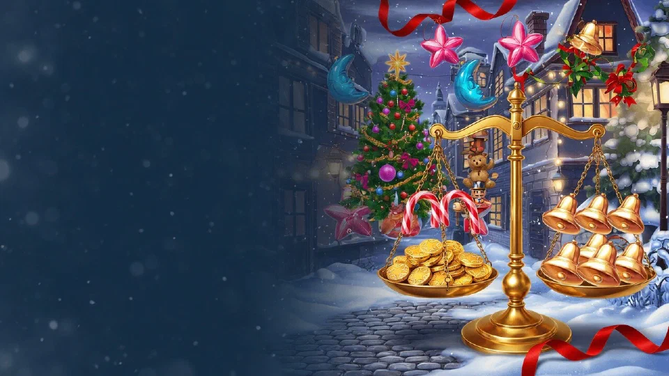 A brass balance scale with gold bells and coins and candy canes leaning on it