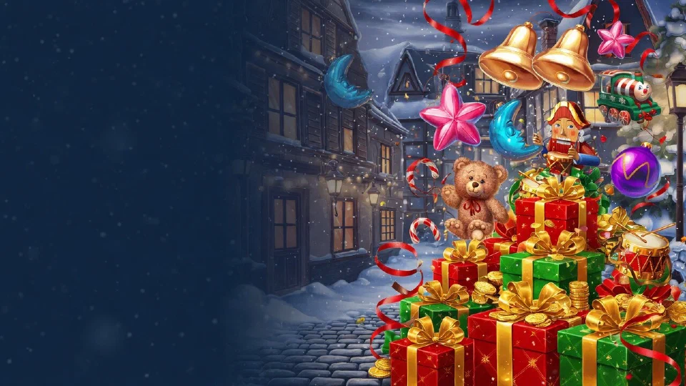 A pile of red and green wrapped presents with gold bows and gold coins spilling out