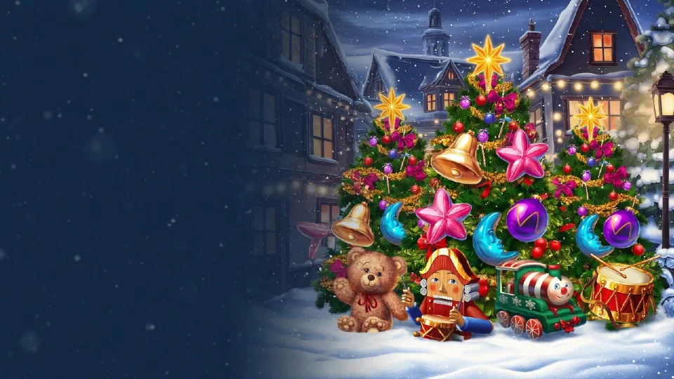 Three decorated Christmas trees glowing on snowy ground under falling snow