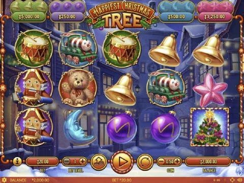 Happiest Christmas Tree demo with a 2,000 demo-credit balance and the bet panel