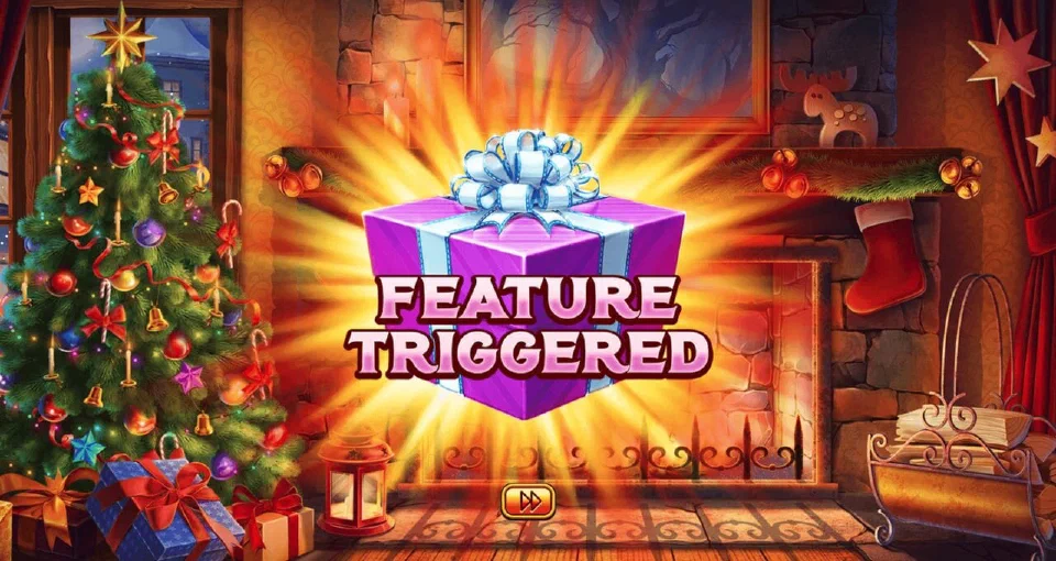 Happiest Christmas Tree feature triggered screen with a purple gift box by the fireplace