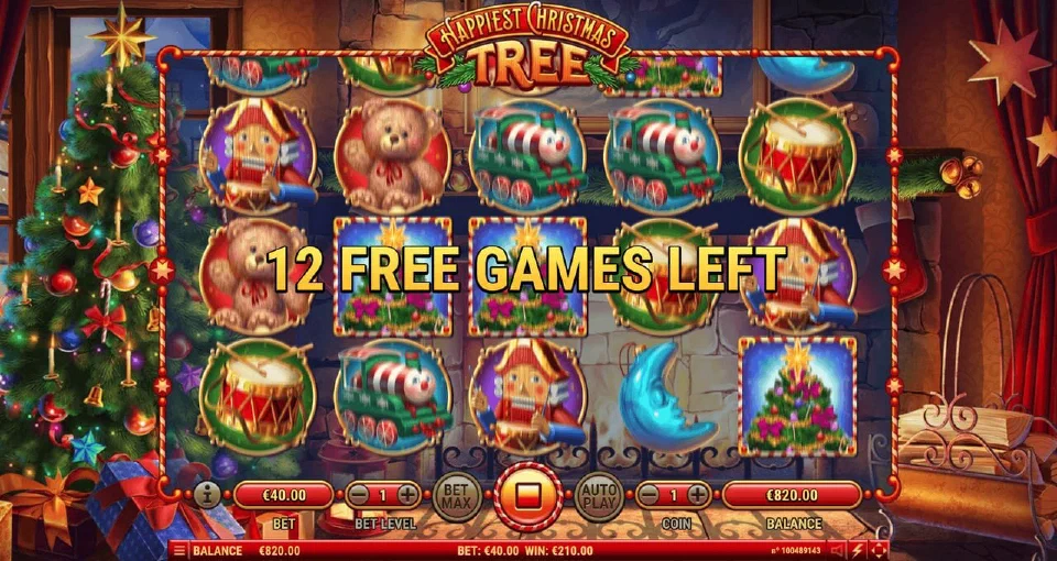 Happiest Christmas Tree free games in a cosy room with a fireplace and the message 12 free games left