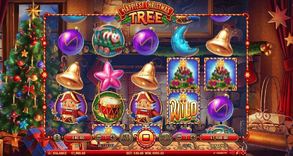 Happiest Christmas Tree free games with bells, stars and a tree wild on the reels by the fireplace