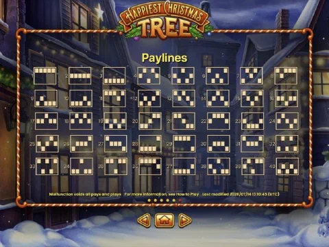 Happiest Christmas Tree paylines page showing all 40 line patterns