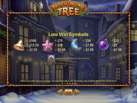 Happiest Christmas Tree low symbols paytable: bell, star, moon and bauble at a 20 bet