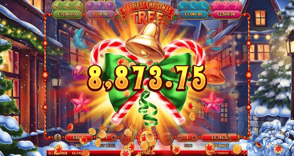 Happiest Christmas Tree Prize Pot win of 8,873.75 with a gold bell, candy canes and a green bow