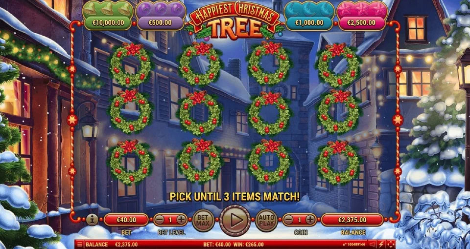 Happiest Christmas Tree Prize Pot pick round: twelve holly wreaths with the message pick until 3 items match