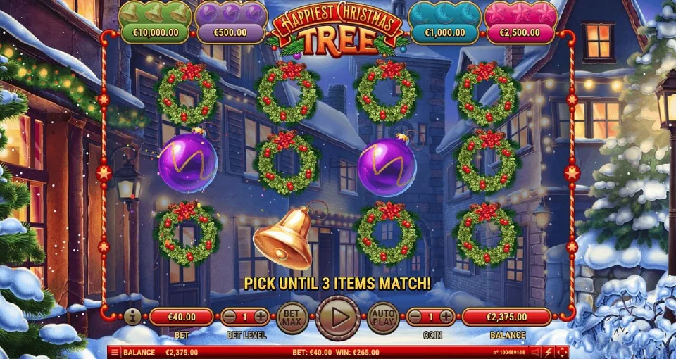 Happiest Christmas Tree Prize Pot round with wreaths revealing bells, stars and baubles